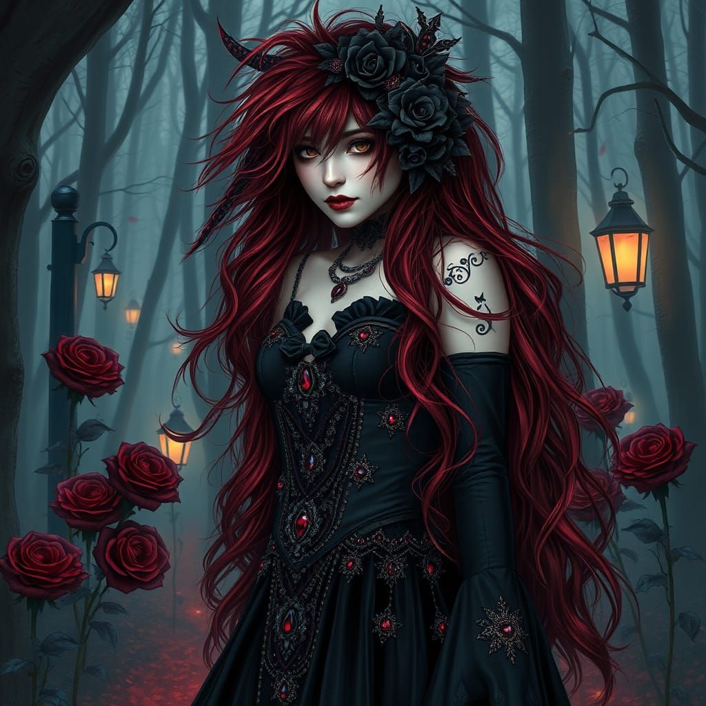 Well, what airbrush, a bold Gothic woman with long lush messy red/black hair with frosted black flowers, poses in a dark...