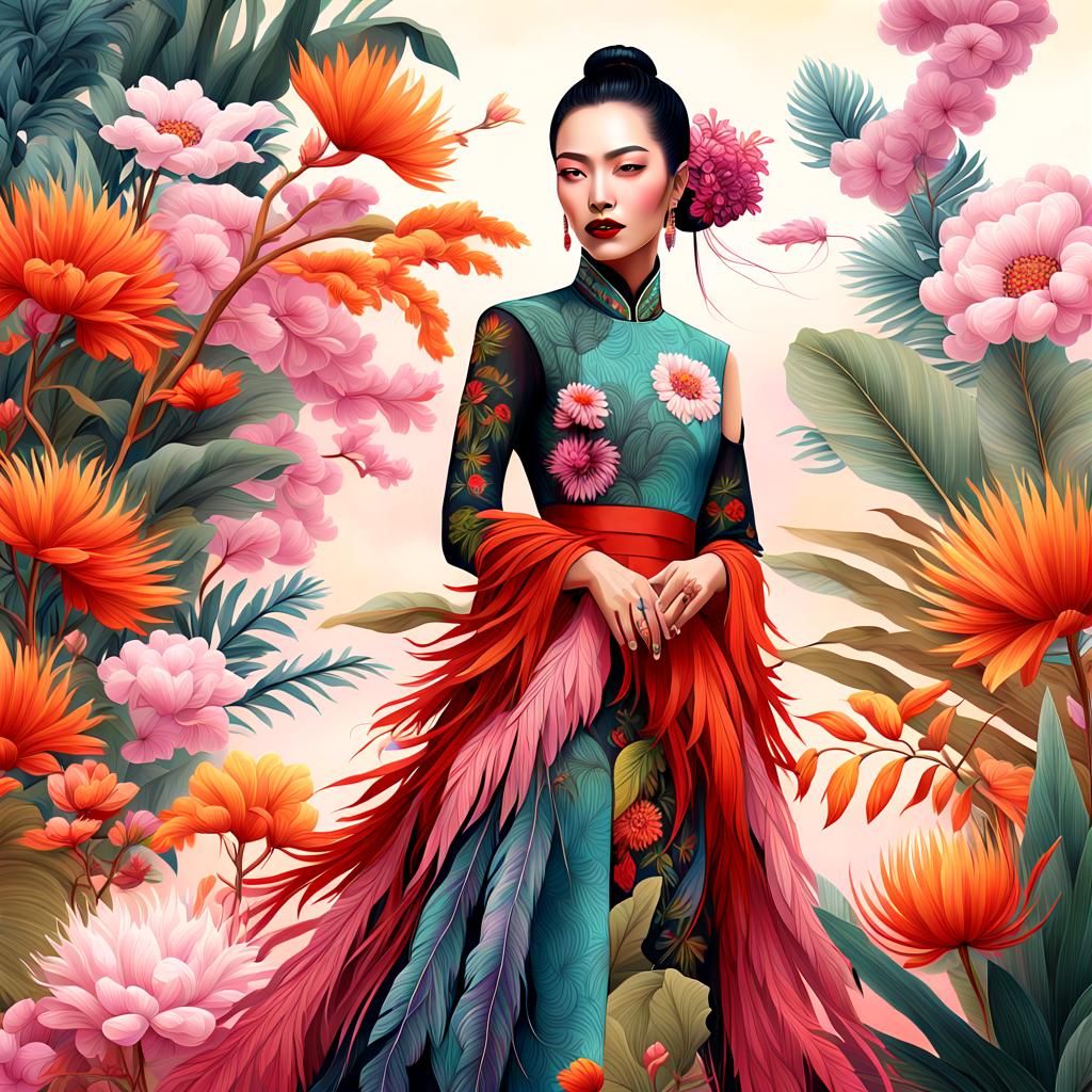 Asian Woman in Beaded Cotton Clothing, Digital Painting