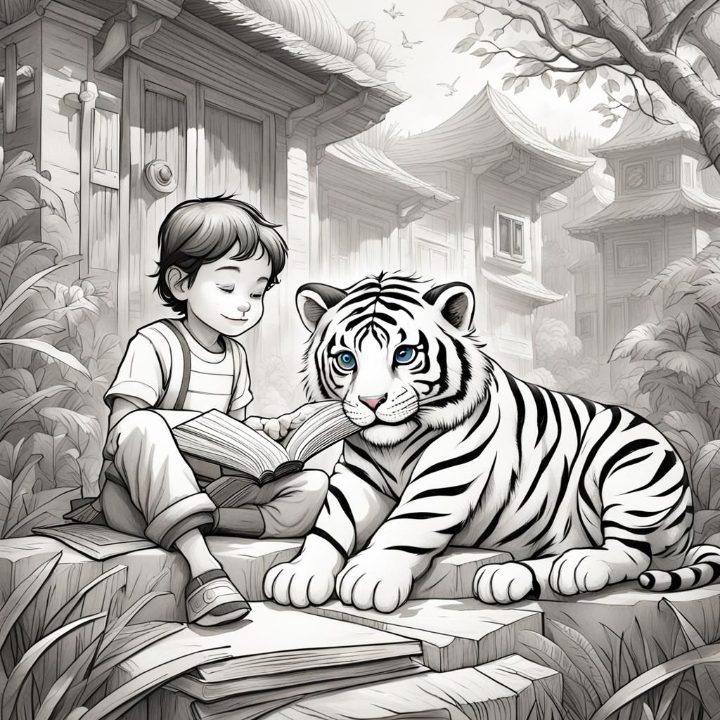 Child and Tiger Play: Black and White Illustration