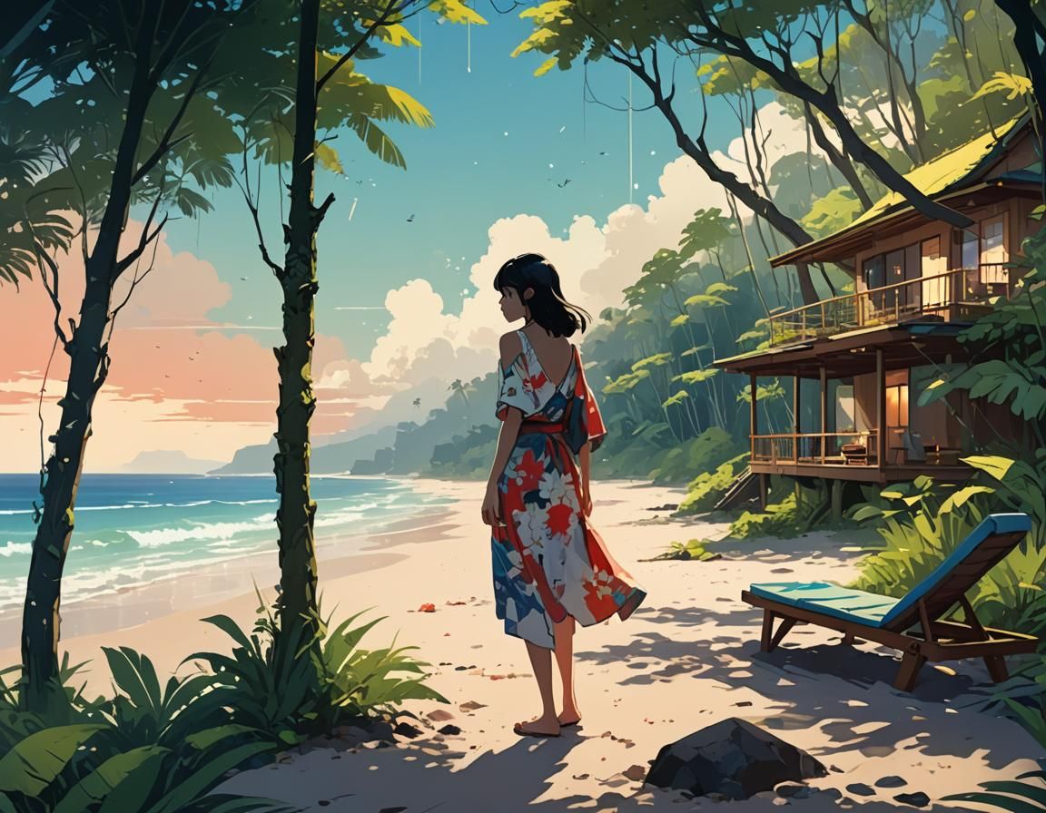 Mysterious Lady in Hawaiian Beach Villa: Digital Illustratio...