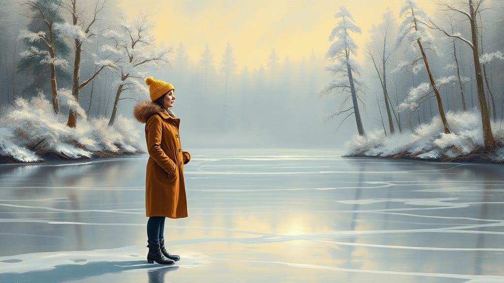 Serene Woman on Frozen Lake in Realistic Style