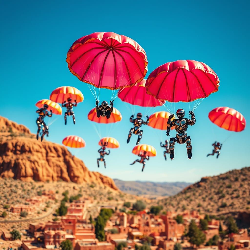 Robots Skydiving over Santuario de Chimayo in Vibrant Metall...