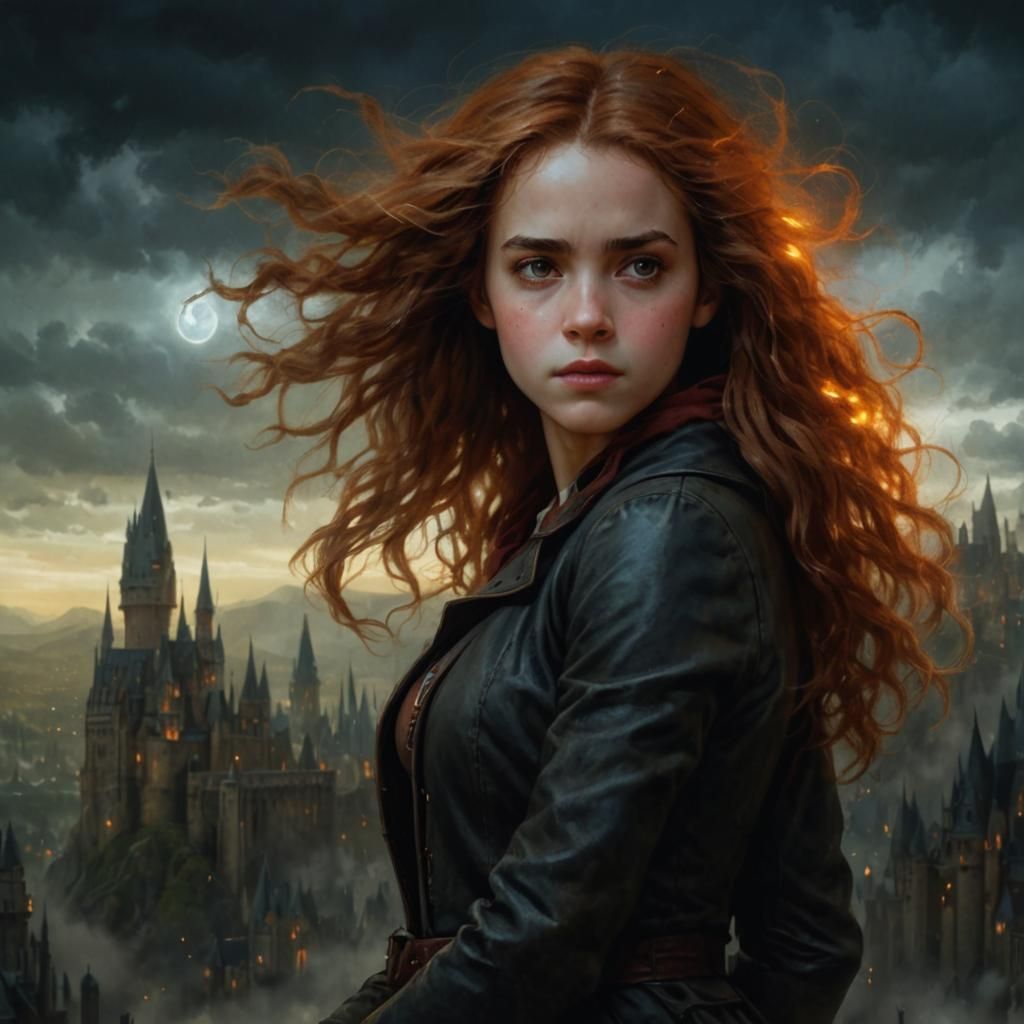 Hermione Granger in Leather, Atmospheric Hogwarts Portrait