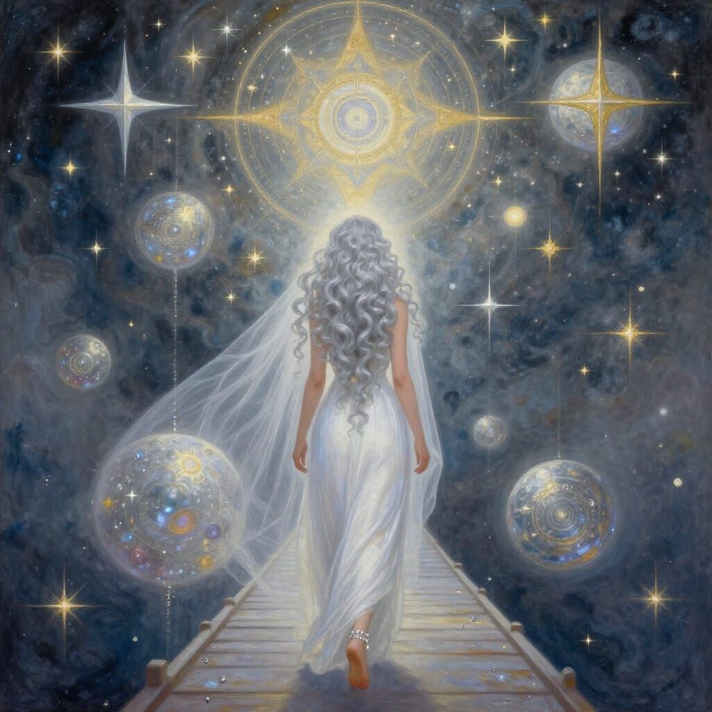 Celestial Visionary Art of a Silver-Haired Woman