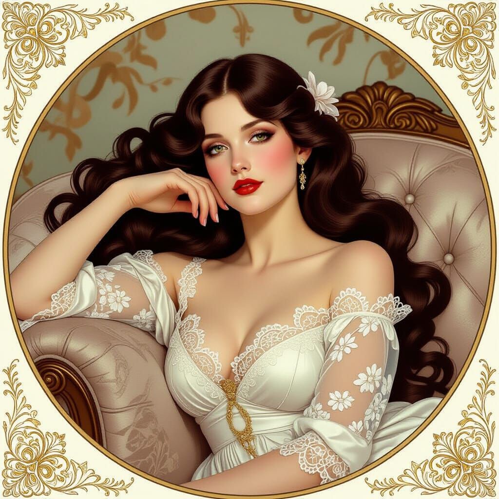 Opulent Art Nouveau Portrait with Lace and Gold