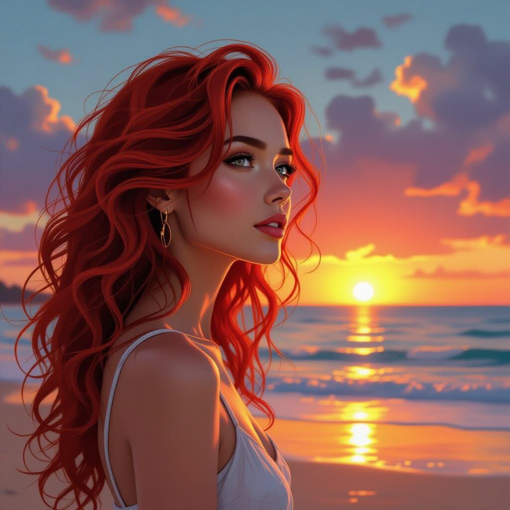 Red-Haired Woman Gazes at Sunset Beach, Pop Art Screen Print...