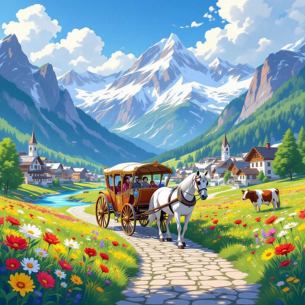 Whimsical Anime Alpine Valley With Horse Carriage