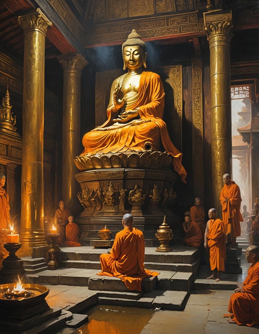 Golden Buddha Statue in Rembrandt Lighting