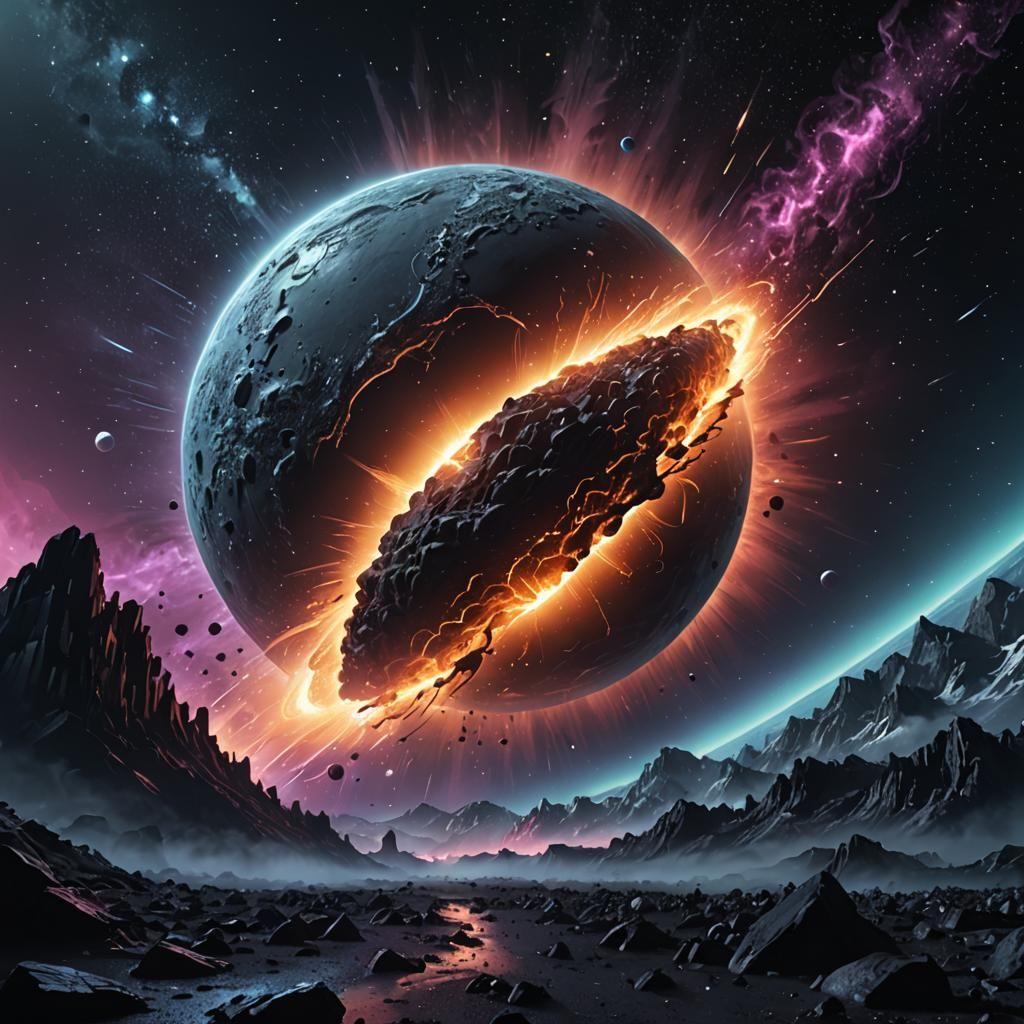 Icy Comet Impact with Black Moon in Synthwave Style
