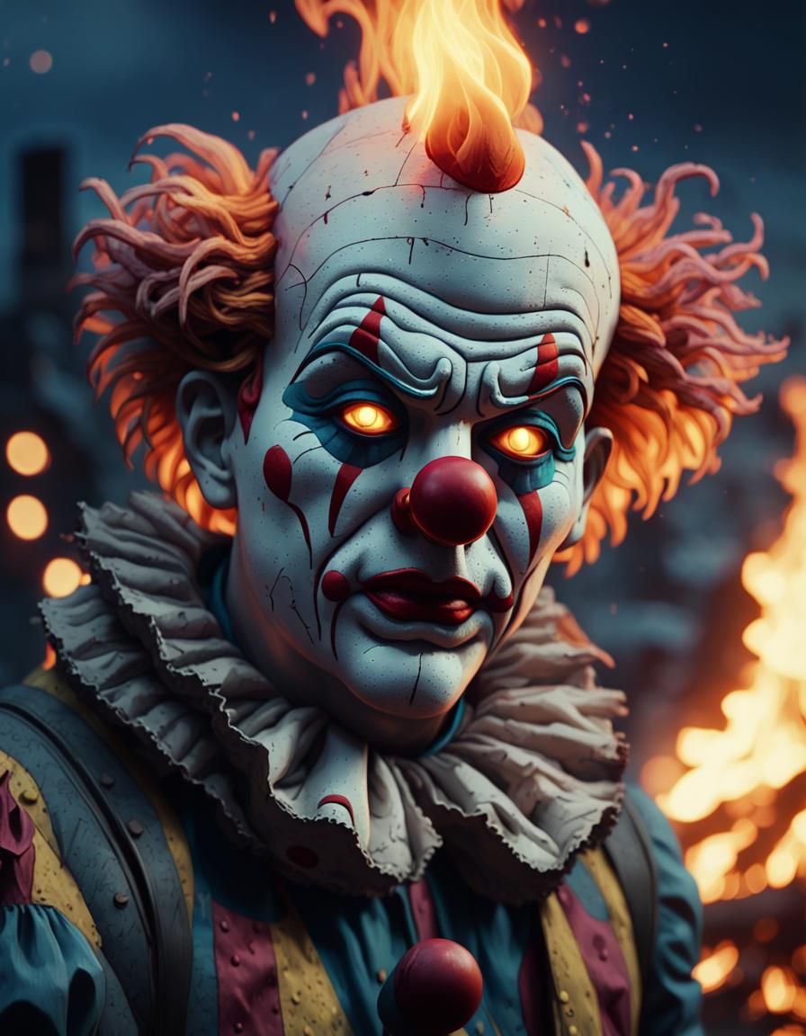 Sad Clown Illuminated by Bonfire in Cyberpunk Style