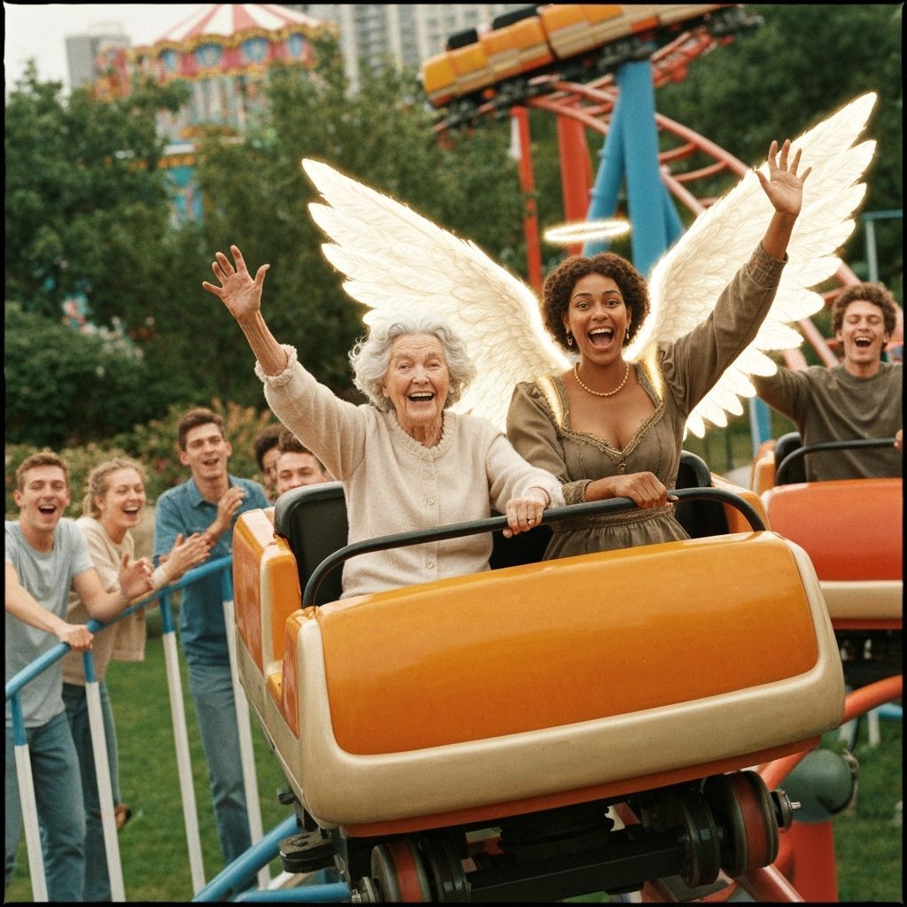 Joyful Angel and Elderly Woman Ride a Roller Coaster