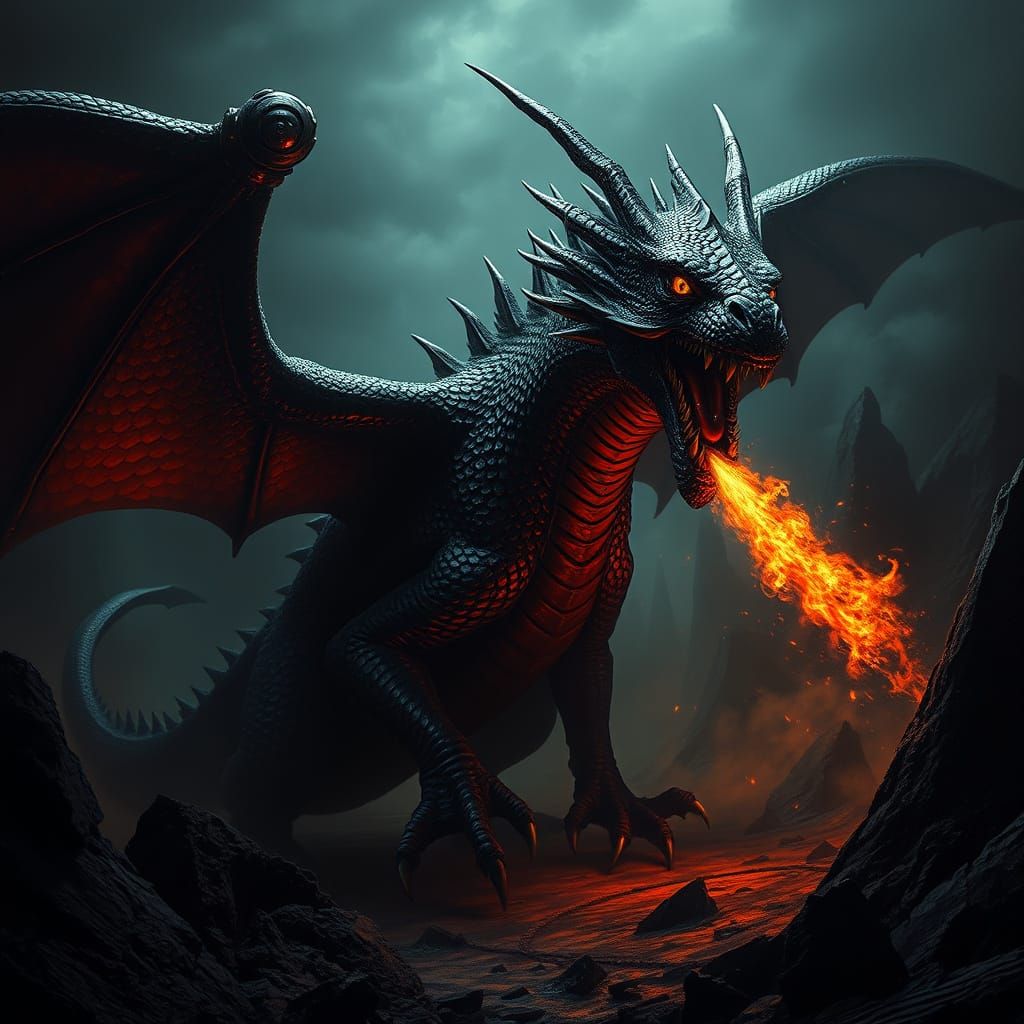 Fearsome Dragon in Dark Fantasy Landscape
