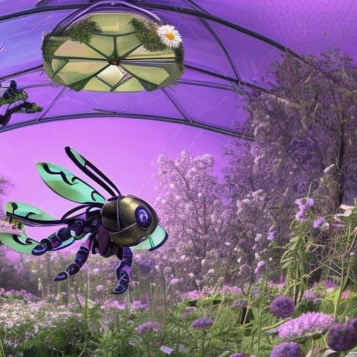 Steampunk Robotic Bees Pollinating Flowers in Biodome
