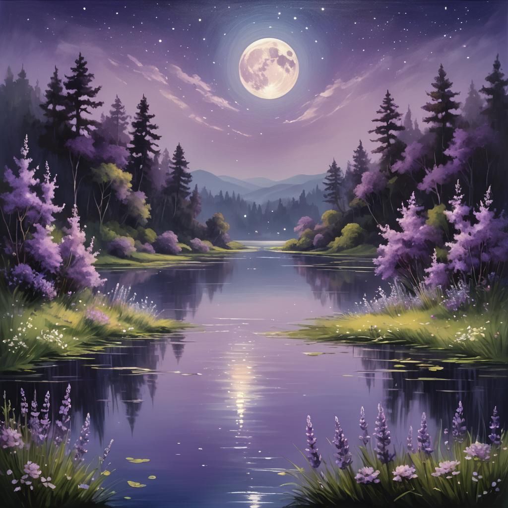 Ethereal Moonlit Lake Reflection in Oil Painting Style