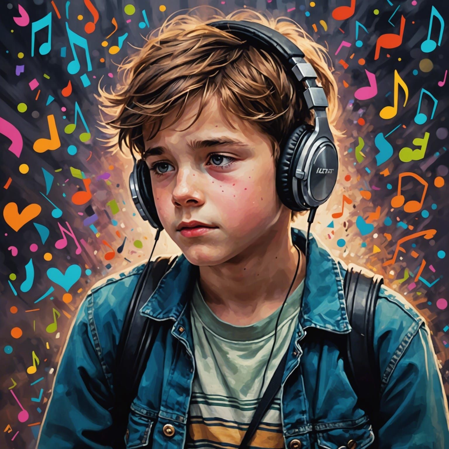 Boy Immersed in Abstract Musical Landscape