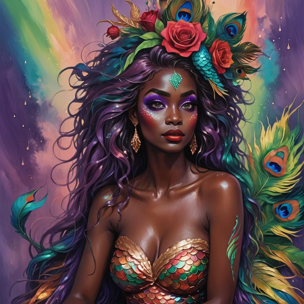 Fantasy Mermaid with Peacock Feathers, Digital Art