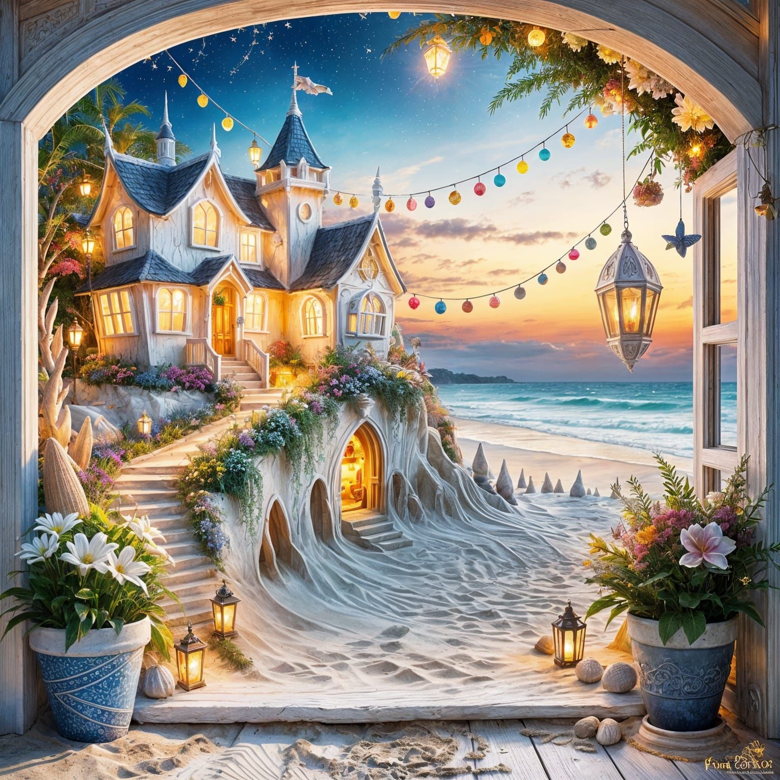 Magical Sandcastle at Sunset with Fairylights