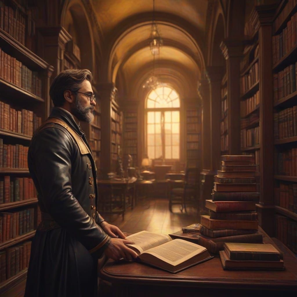 The Bookman in a Grand Library, Hyperrealistic Digital Art