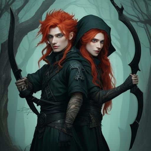 Mystical Twins in Dark Fantasy Attire with Phantom Guardians