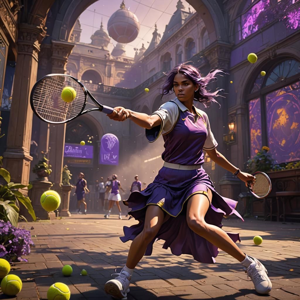Girl Hitting Tennis Ball in Dark Fantasy Style