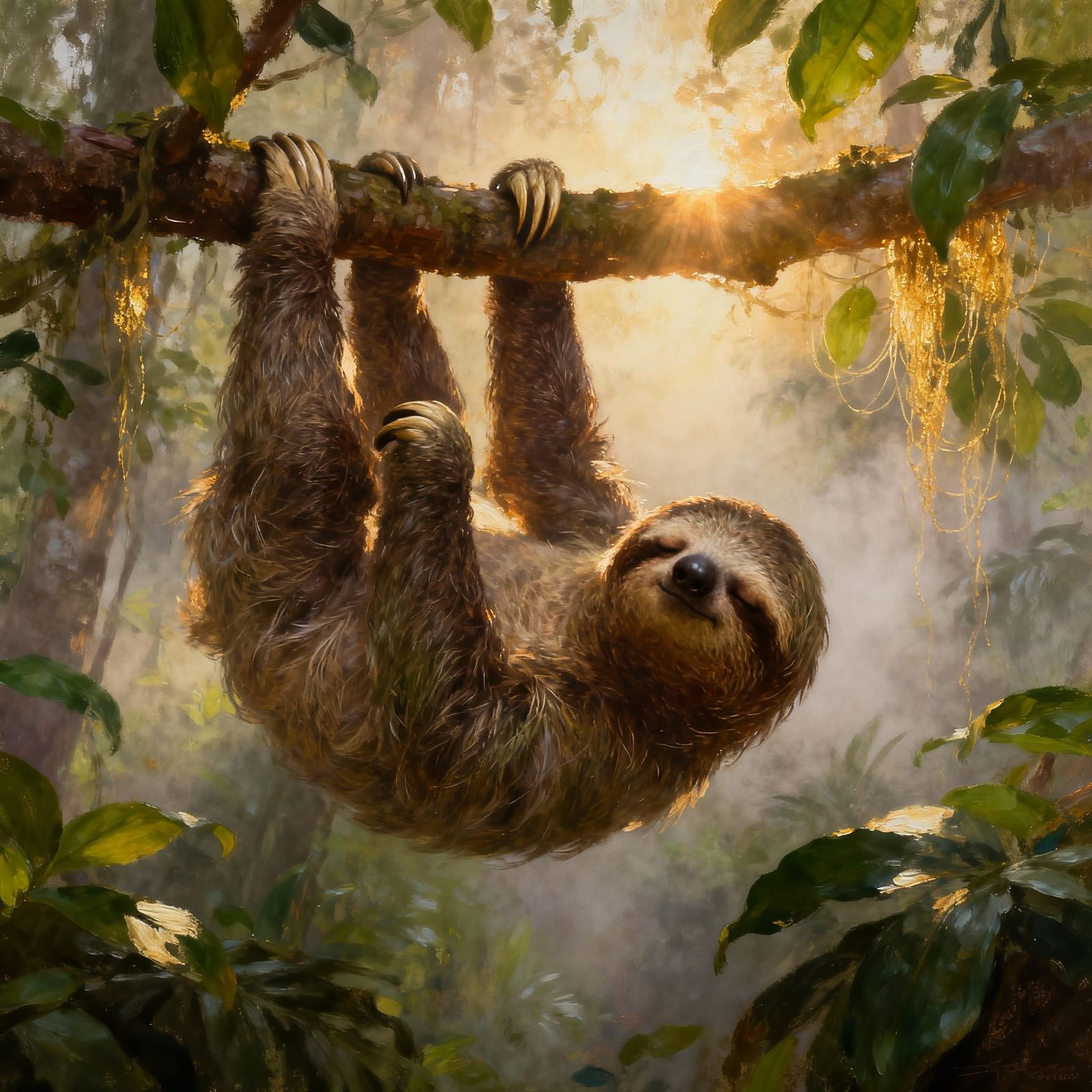 Peaceful Sloth in Rainforest, Oil Painting Style