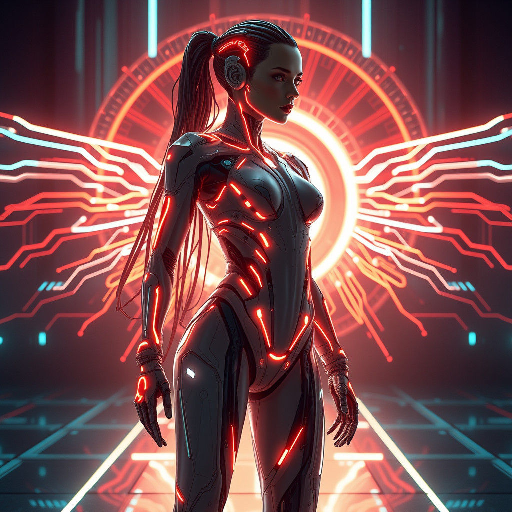 Futuristic Cyborg Woman with Radiant Glow in Cyberpunk Style