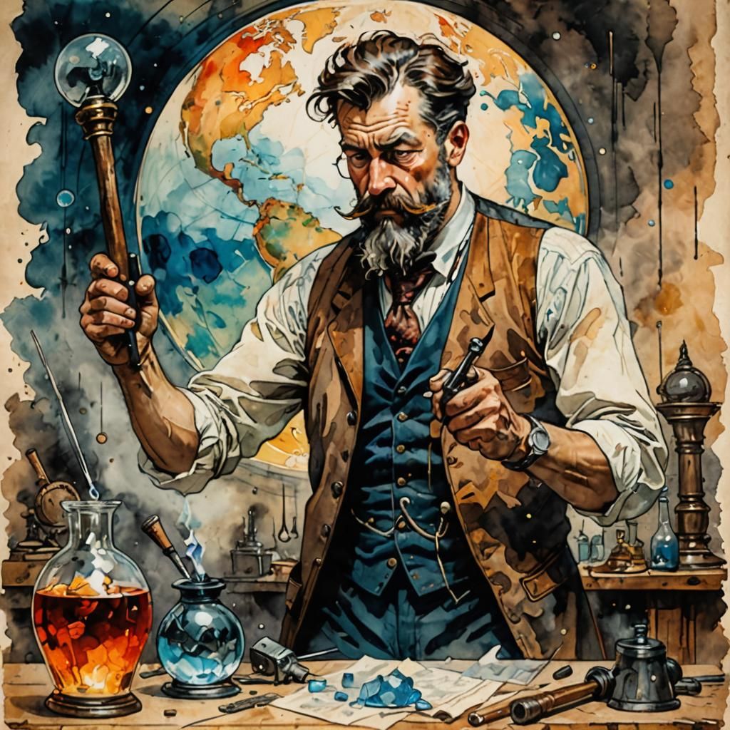 Angry Worker Breaks Earth: Steampunk Watercolor Painting