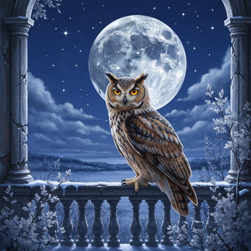 Majestic Owl on Balcony Under Silver Moon