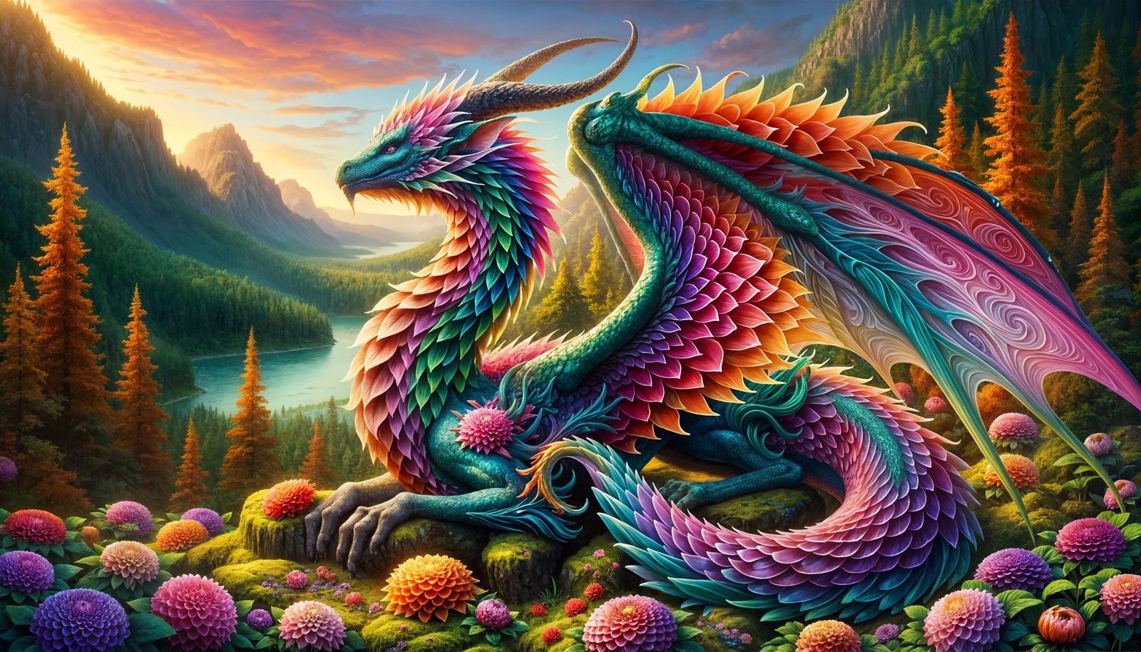 Fantasy Dragon with Flower Petal Wings