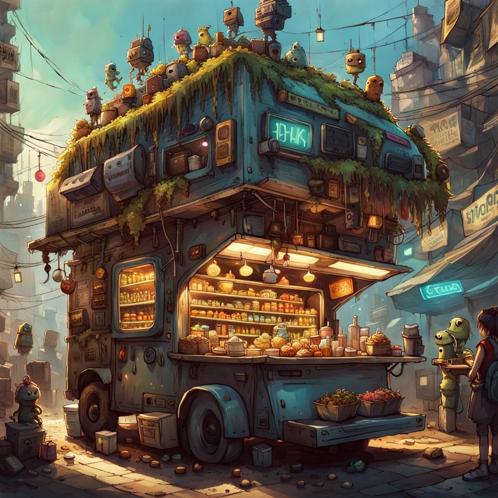 Cyberpunk Food Truck in Space Favela
