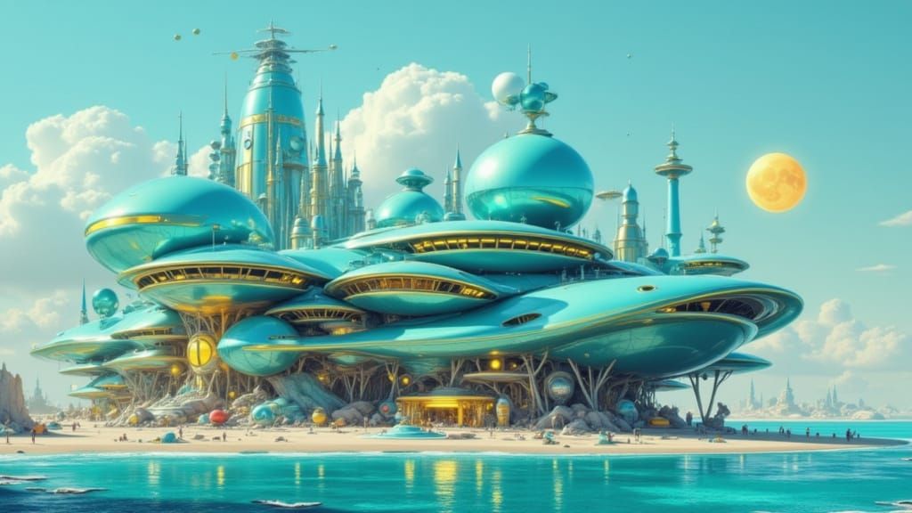 Googie Style Alien City on Turquoise Shores