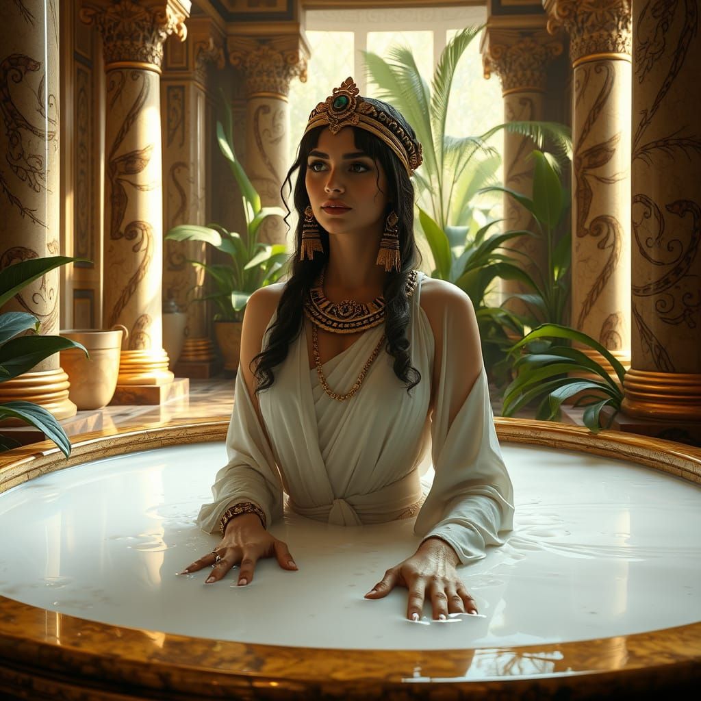 Cleopatra's Milk Bath in Hyperrealistic Style