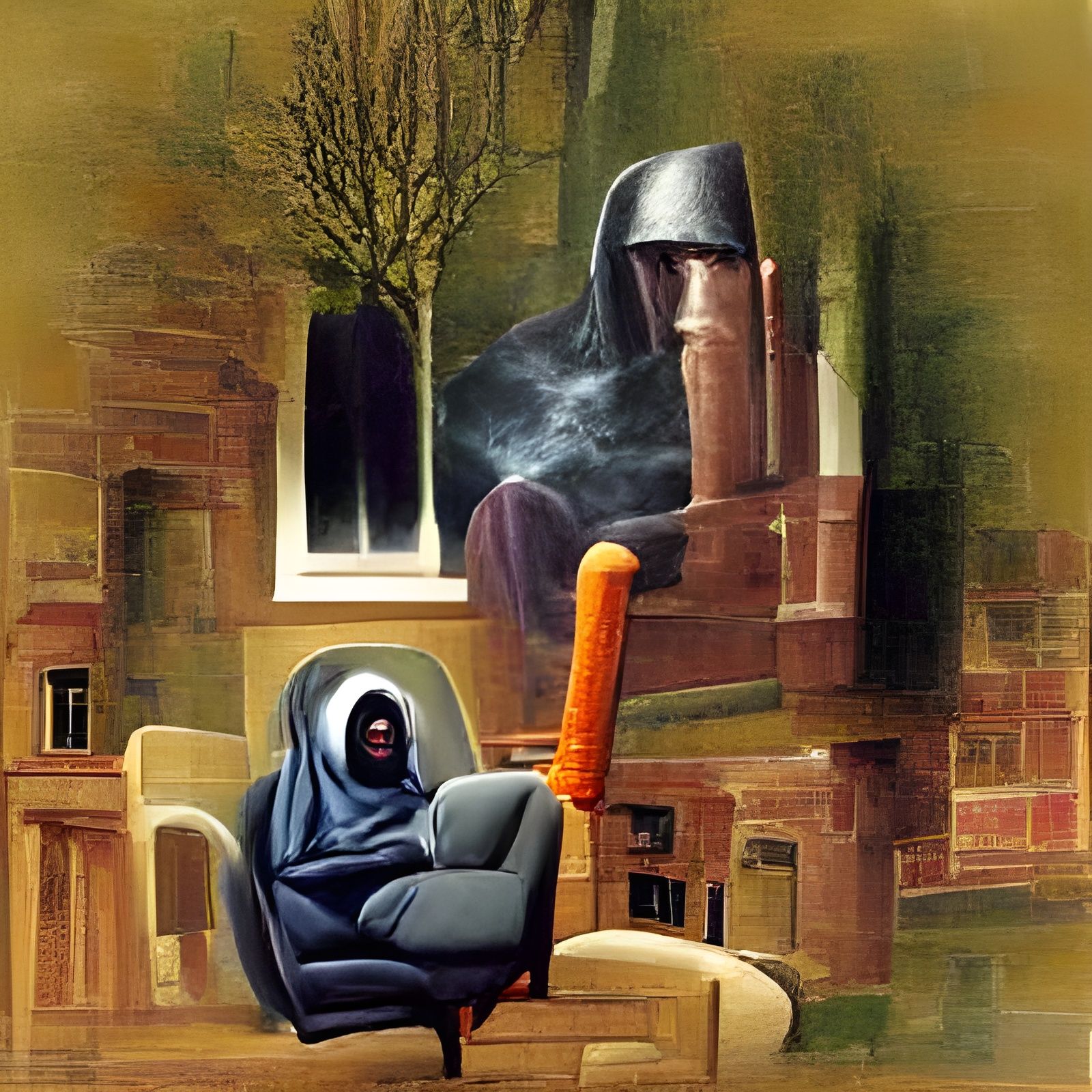 Hooded Man in Armchair Contemplates Eternity