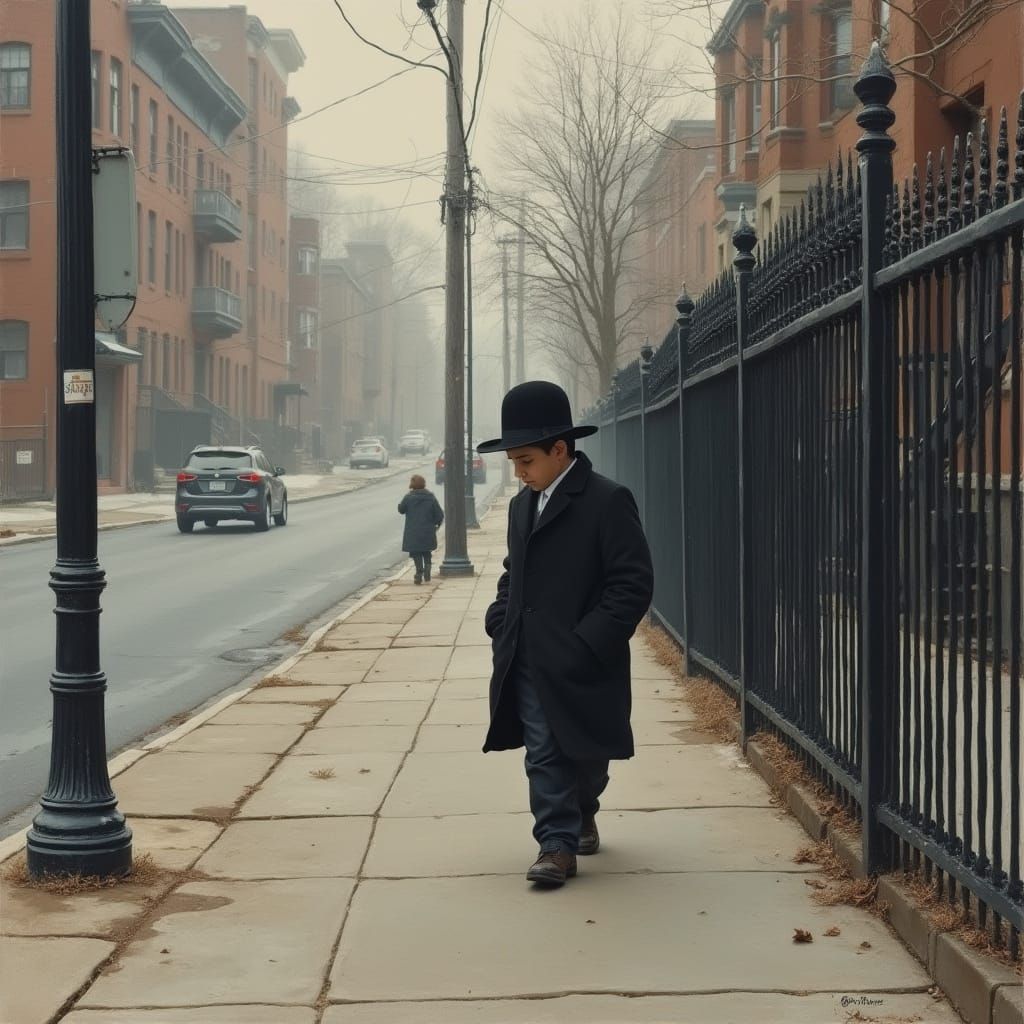 Orthodox Jewish Boy Contemplates Winter Scene