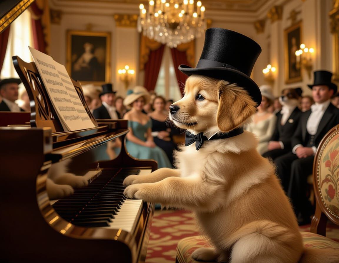 Golden Retriever Puppy Concert in Vintage Painting Style