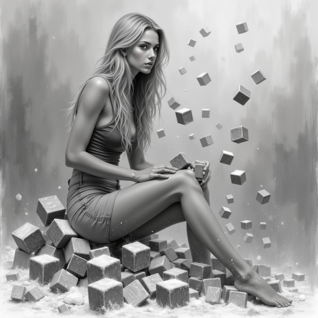Realistic Graphite Portrait: Woman on Tetris Blocks