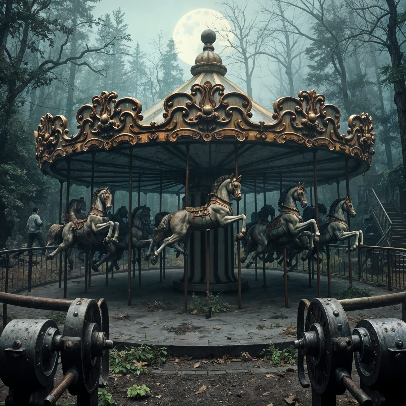 Rusted Carousel Horses in Overgrown Dystopian Park