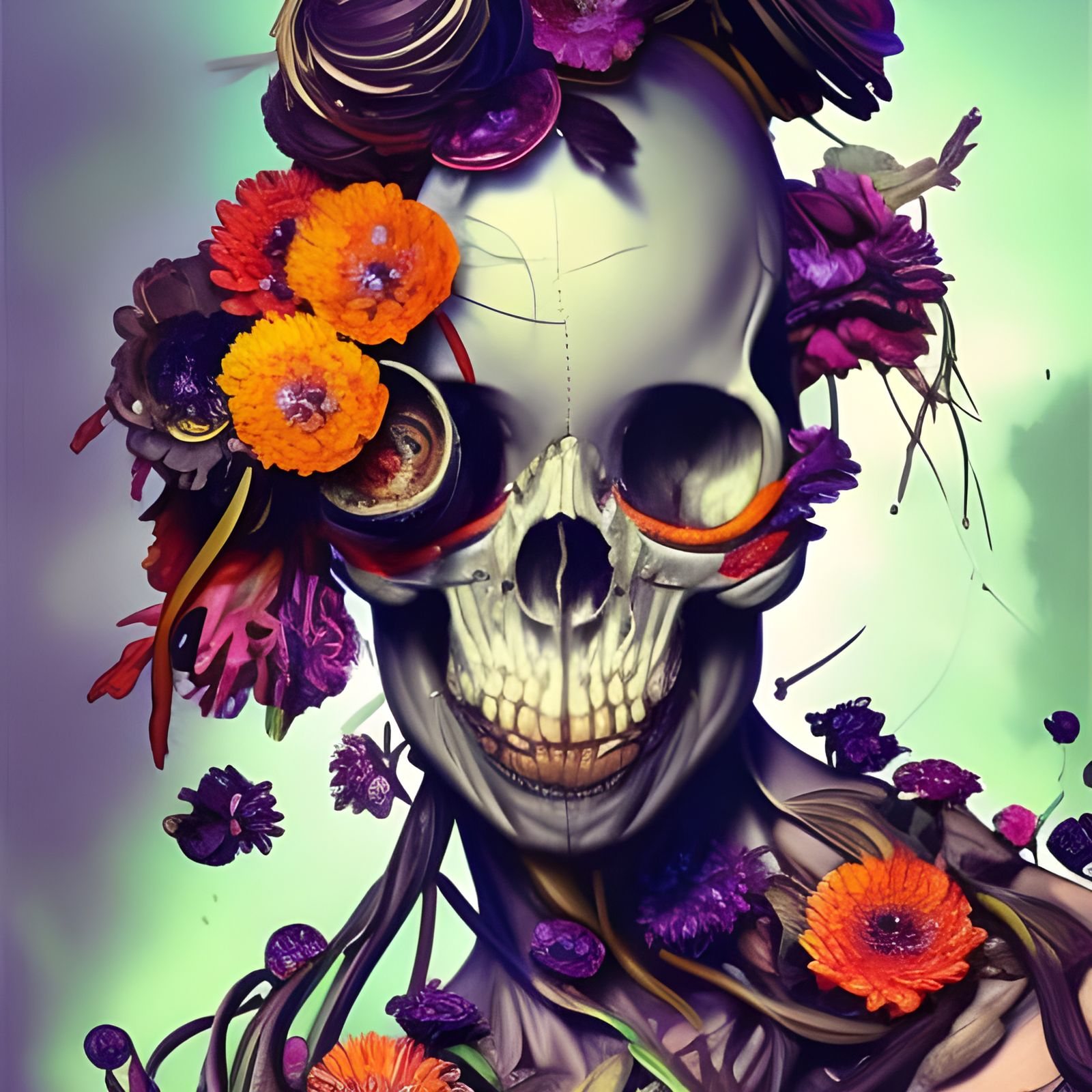 Floral Decay: Skull Portrait in Art Nouveau Style