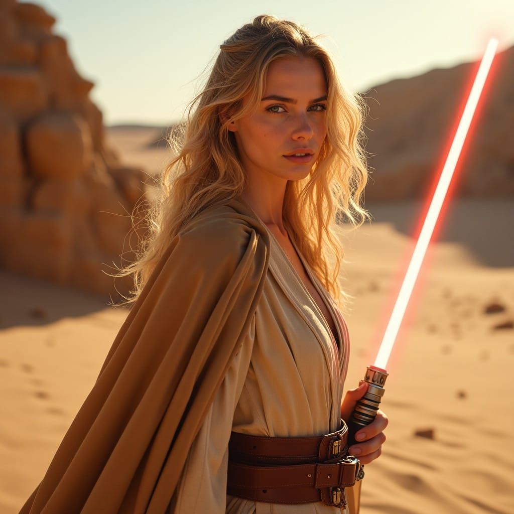 A Beautiful Blonde Jedi Fights a Monster with Laser Sword on...