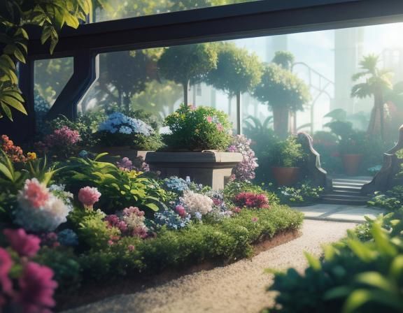 Retrofuturistic 3D Garden Beach with Natural Lighting