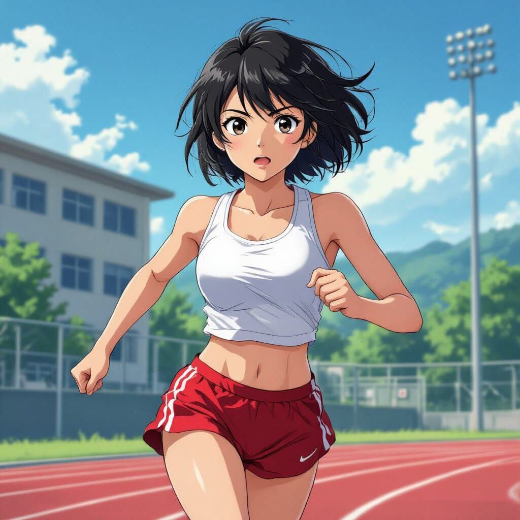 Cute Japanese Schoolgirl Running on Track Field
