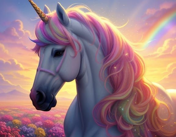 Joyful Unicorn Prances Through Glittery Rainbow Field