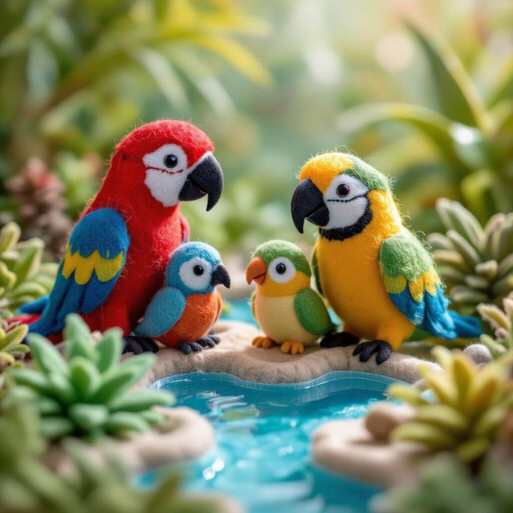 Felt Parrot Family in Oasis Macro Shot