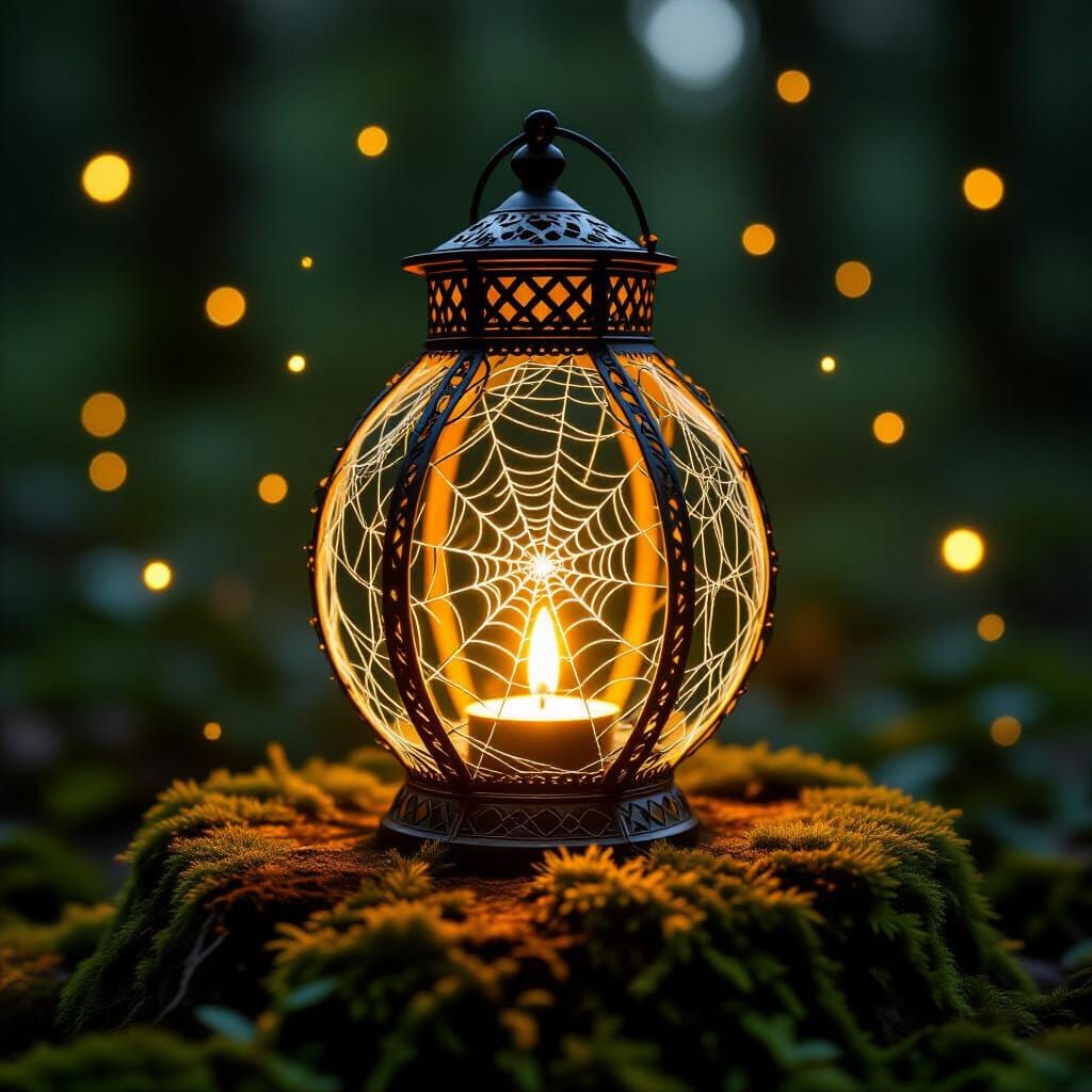 Spiderweb Lantern with Floating Flame in Magical Realism