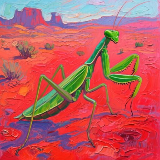 Green Mantis in Red Desert: an Expressionist Oil Painting