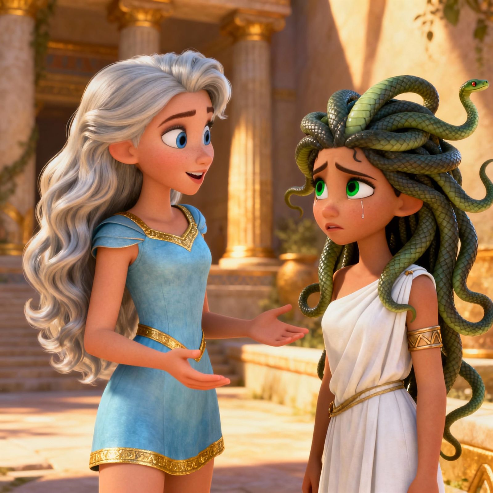 Young Athena Meets Medusa in Disney 3D Style