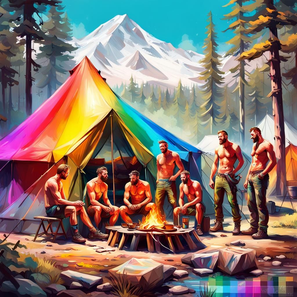 Glamorous Campsite Scene with Gay Outdoorsmen in Graffiti Ar...