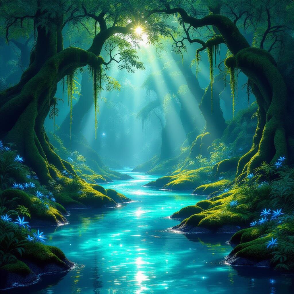 Enchanting Forest Landscape with Crystal Water and Magic Glo...