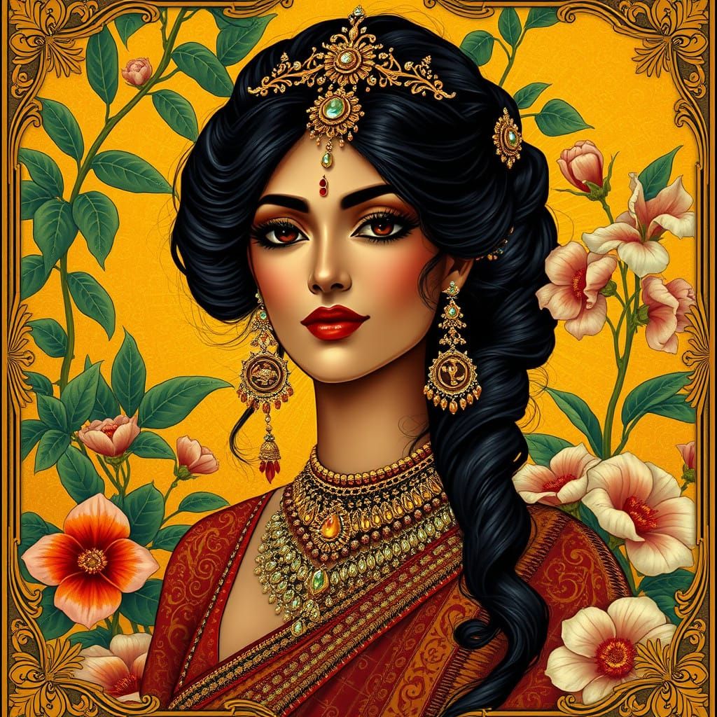 Surrealist Indian Goddess in Art Nouveau Splendor