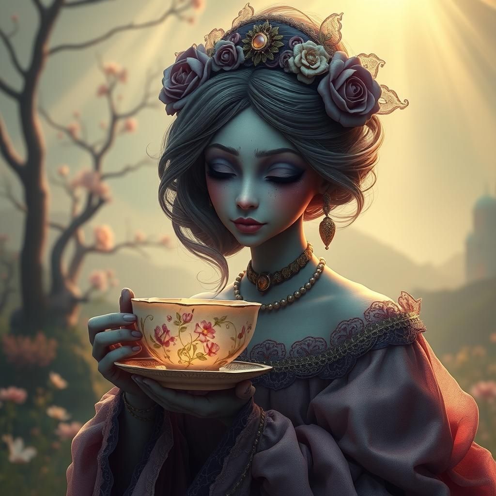 Mystical Woman with Teacup: High-Fantasy Concept Art
